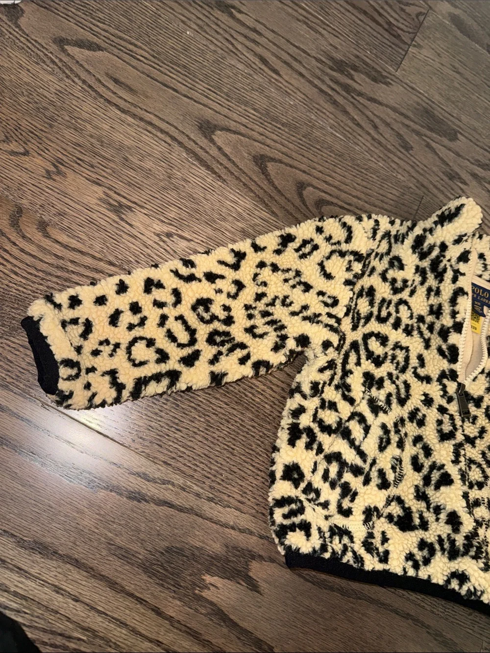 Ralph Lauren Kids Leopard Sherpa Zip Jacket - cream & Black 3T